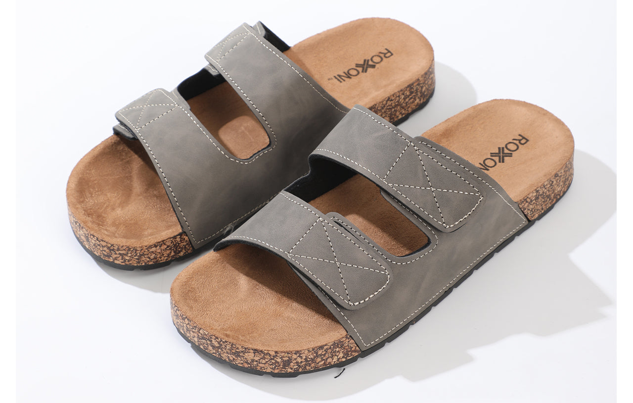 Roxoni Men's Dual Velco Straps Suede Covered Moulded Faux Cork Midsole Eva Rubber Sole