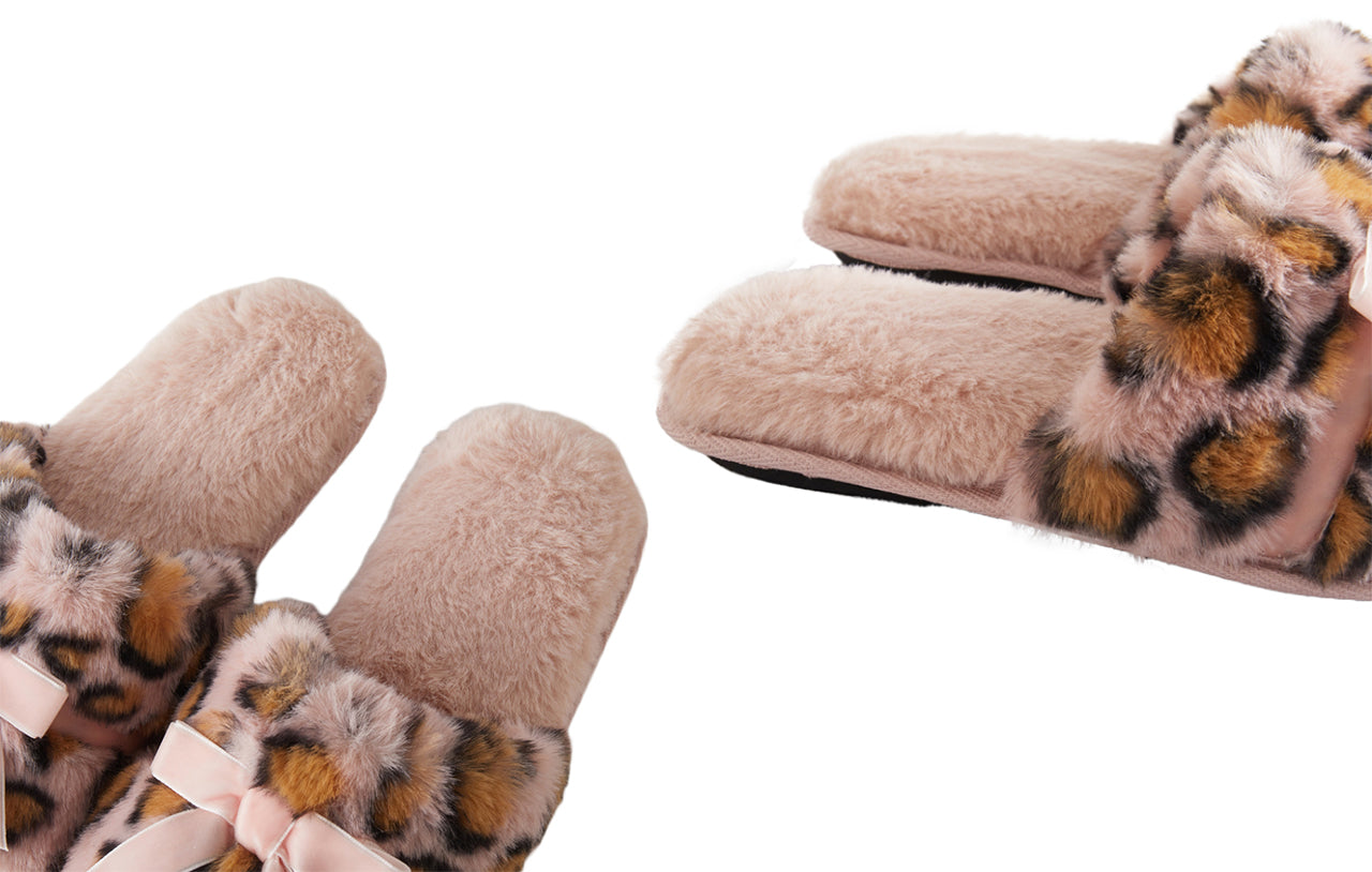 Roxoni Women’s Fuzzy Leopard Print Slippers with Bow – Cozy Plush Indoor House Slides, Soft Memory Foam, Non-Slip Sole