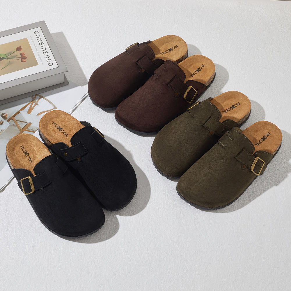 Roxoni Women's Closed-Toe Faux Suede Cork Clogs with Adjustable Buckle Strap