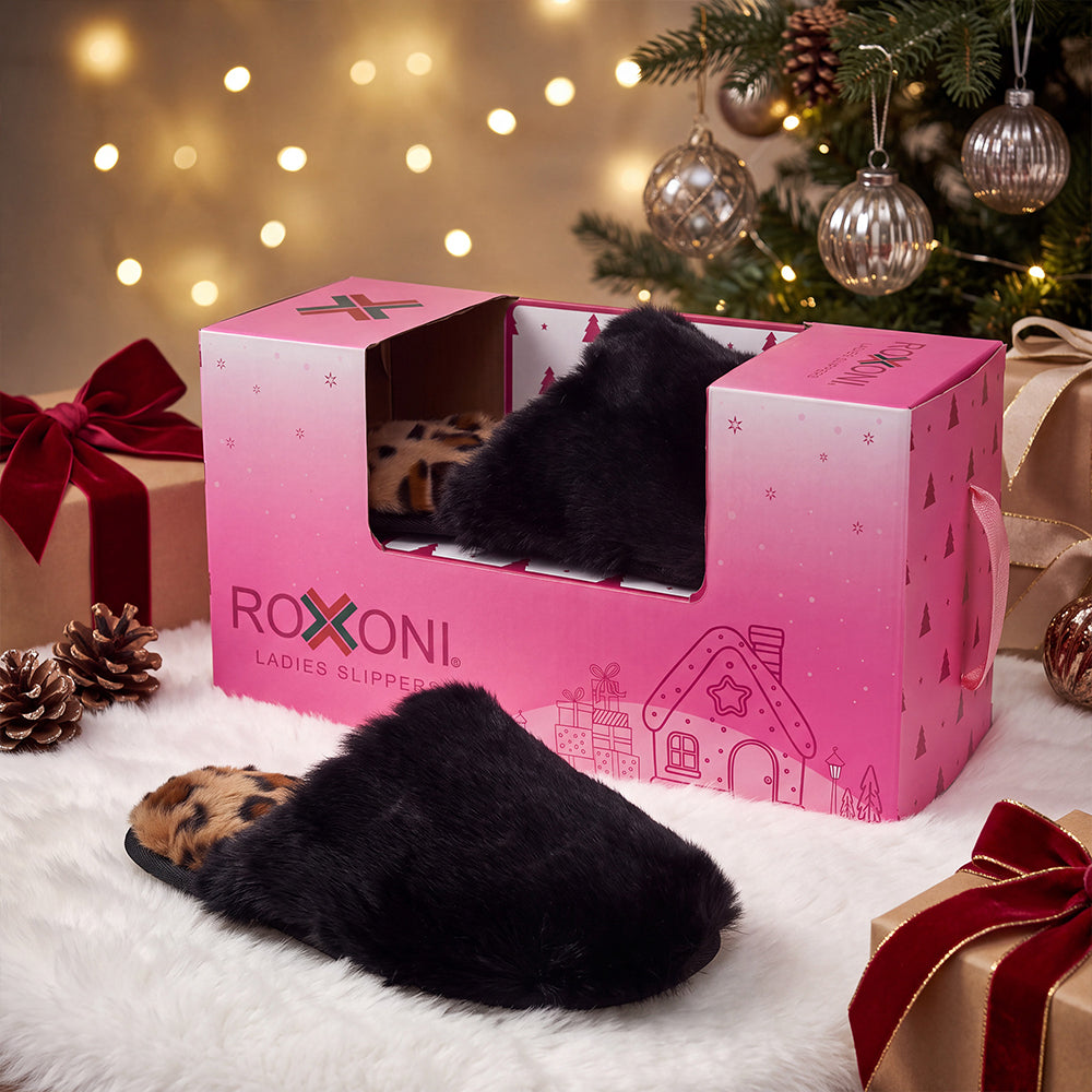 Roxoni Women's Fluffy Faux Fur Clog Slippers with Gift Box for Christmas & Holidays