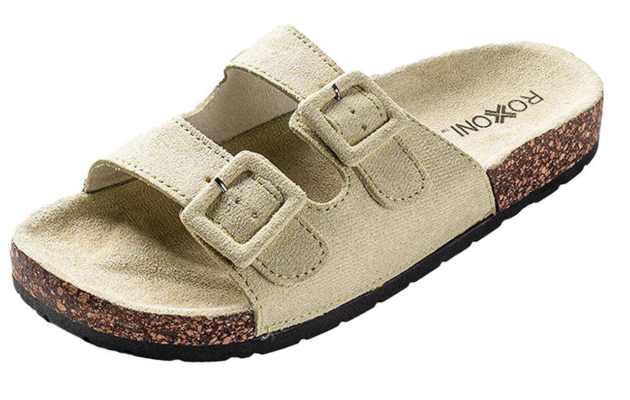 Roxoni Women Comfort Sandals Double Buckle Adjustable EVA Flat Slides Footbed Suede