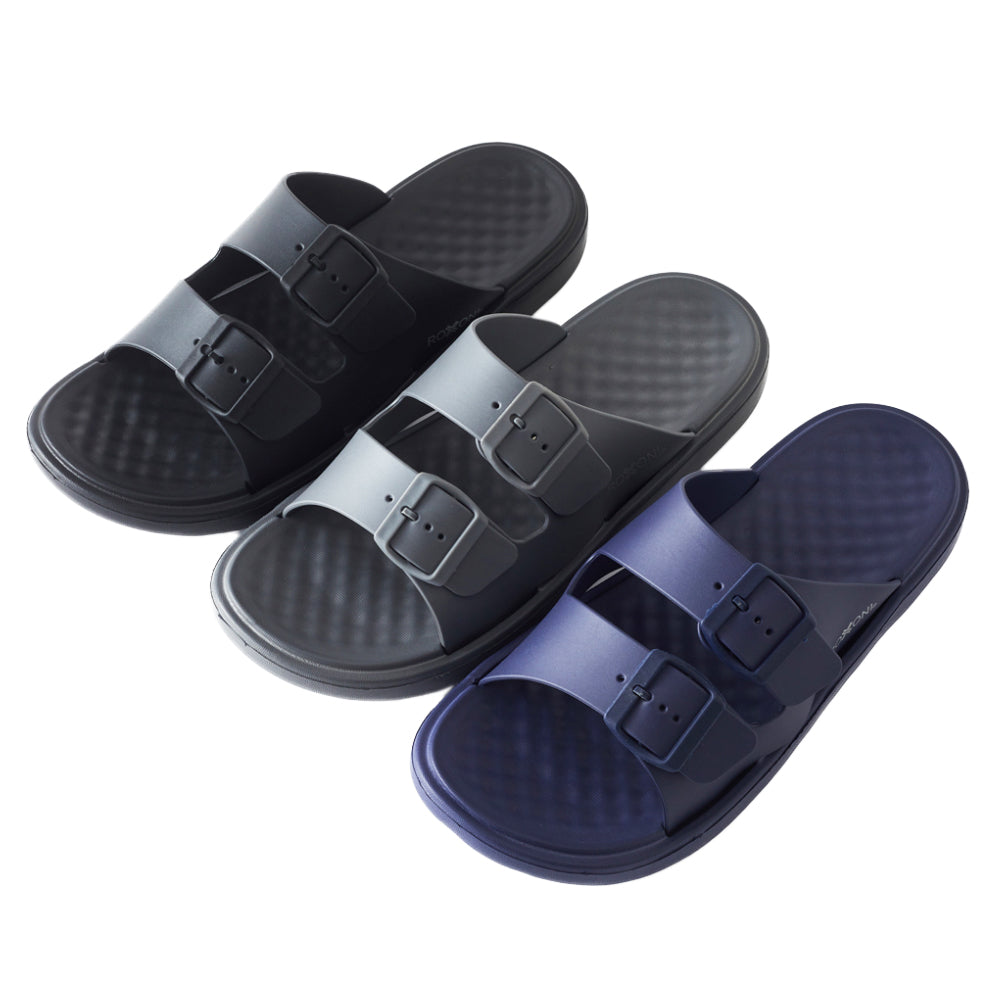 Roxoni Men’s Double Buckle Slide Sandals Lightweight Adjustable Comfort Slides Casual Indoor Outdoor Non Slip Slippers