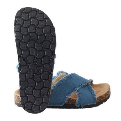 Roxoni Women’s Cross Strap Slide Sandals Denim Open Toe Comfort Slippers Cork Footbed Casual Summer Indoor Outdoor Footwear