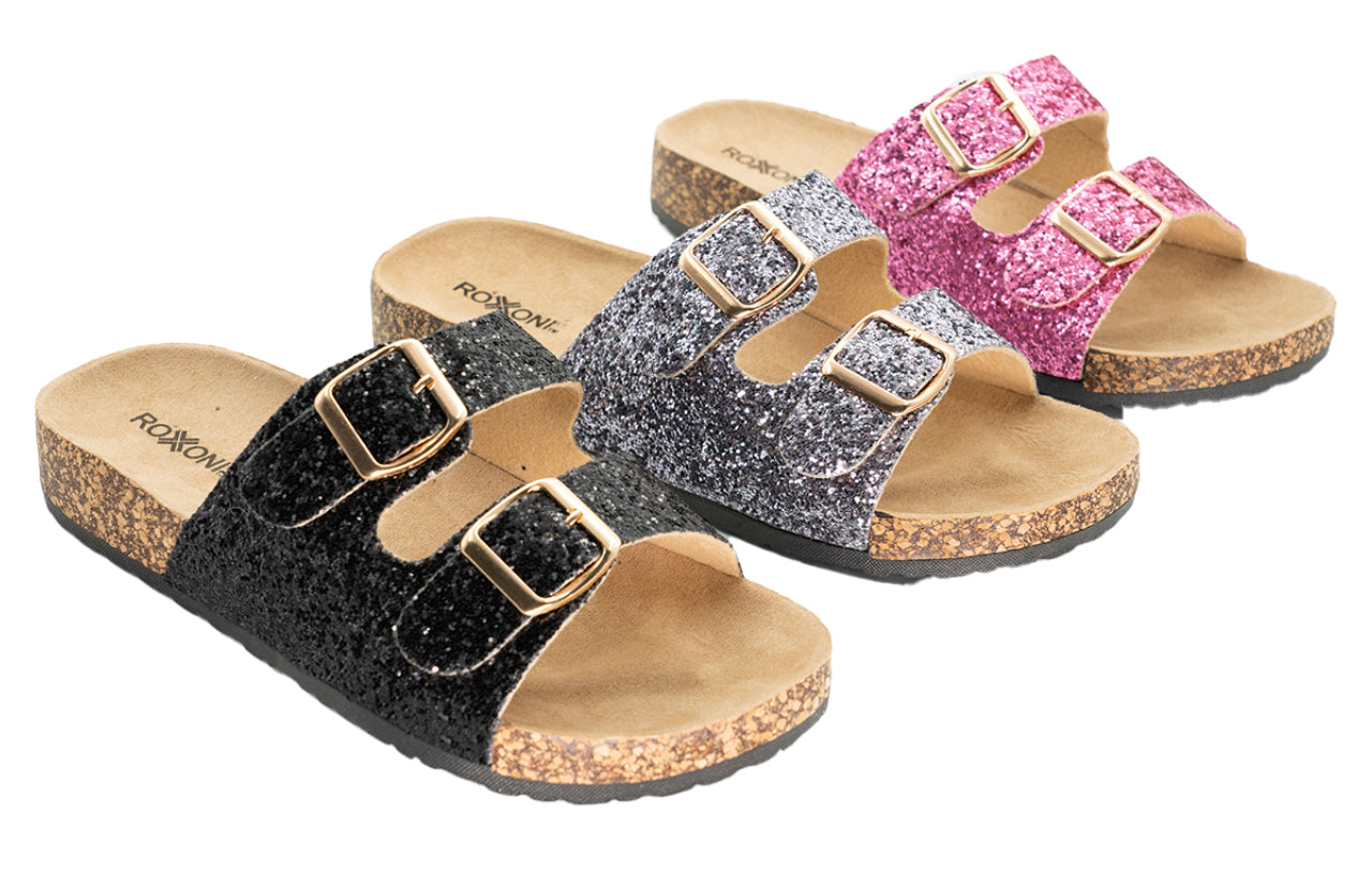 Roxoni Women's Gliters Comfort Flat Sandals Double Buckle Adjustable Straps Flat Slides