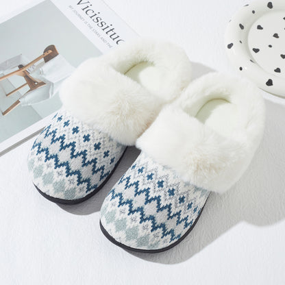Roxoni Women's Soft Fair Isle Knit Clog Slippers with Faux Fur Collar