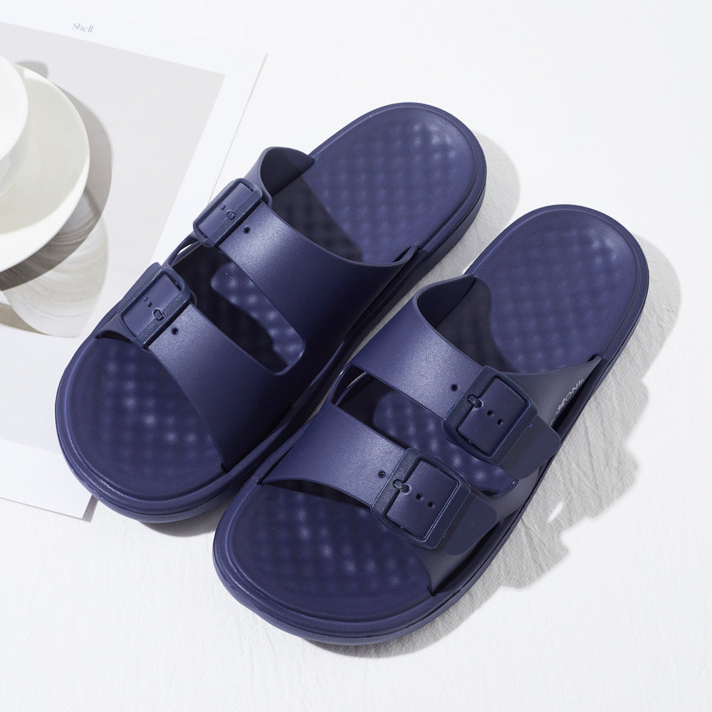 Roxoni Men’s Double Buckle Slide Sandals Lightweight Adjustable Comfort Slides Casual Indoor Outdoor Non Slip Slippers