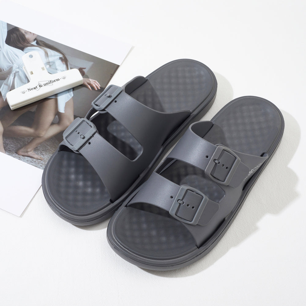 Roxoni Men’s Double Buckle Slide Sandals Lightweight Adjustable Comfort Slides Casual Indoor Outdoor Non Slip Slippers