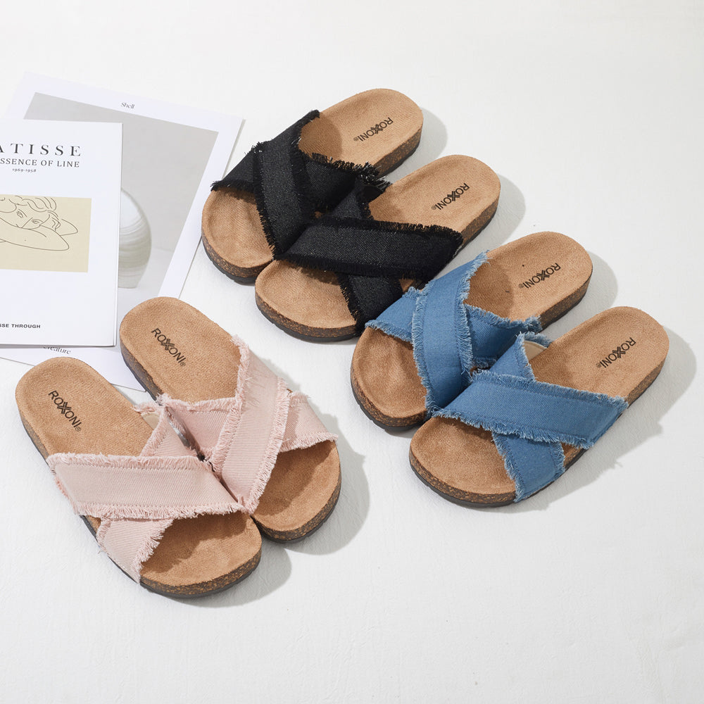 Roxoni Women’s Cross Strap Slide Sandals Denim Open Toe Comfort Slippers Cork Footbed Casual Summer Indoor Outdoor Footwear
