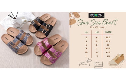 Roxoni Women's Gliters Comfort Flat Sandals Double Buckle Adjustable Straps Flat Slides