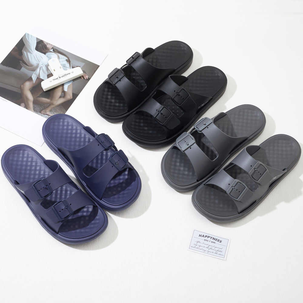 Roxoni Men’s Double Buckle Slide Sandals Lightweight Adjustable Comfort Slides Casual Indoor Outdoor Non Slip Slippers