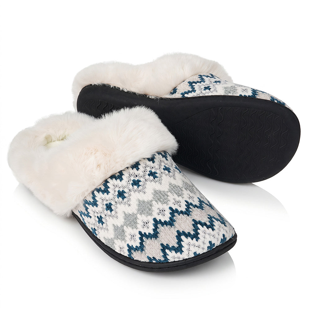 Roxoni Women’s Fair Isle Knit Clog Slippers, Cozy Plush Faux Fur Collar Cushion House Shoes