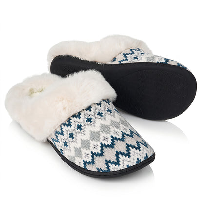 Roxoni Women's Soft Fair Isle Knit Clog Slippers with Faux Fur Collar