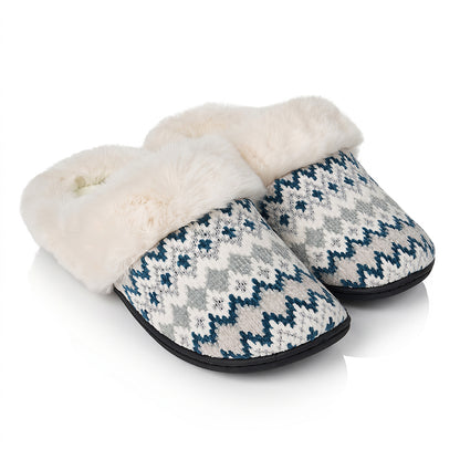 Roxoni Women’s Fair Isle Knit Clog Slippers, Cozy Plush Faux Fur Collar Cushion House Shoes