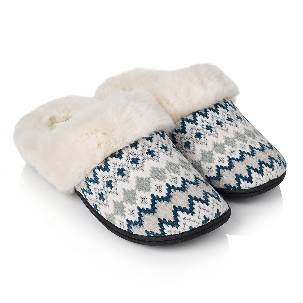 Roxoni Women's Soft Fair Isle Knit Clog Slippers with Faux Fur Collar