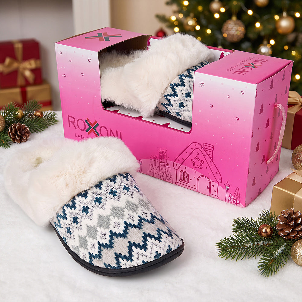 Roxoni Women’s Fair Isle Knit Clog Slippers, Cozy Plush Faux Fur Collar Cushion House Shoes