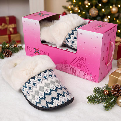 Roxoni Women’s Fair Isle Knit Clog Slippers, Cozy Plush Faux Fur Collar Cushion House Shoes