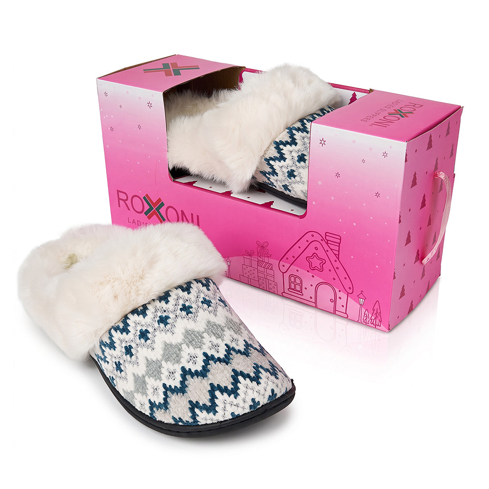 Roxoni Women’s Fair Isle Knit Clog Slippers, Cozy Plush Faux Fur Collar Cushion House Shoes
