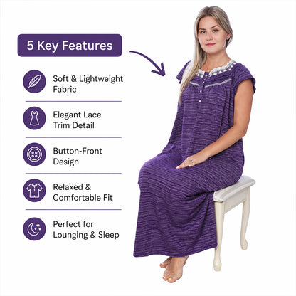 Women Isadora Jersey Long Nightgown Short Sleeves Elegant Loose Dress