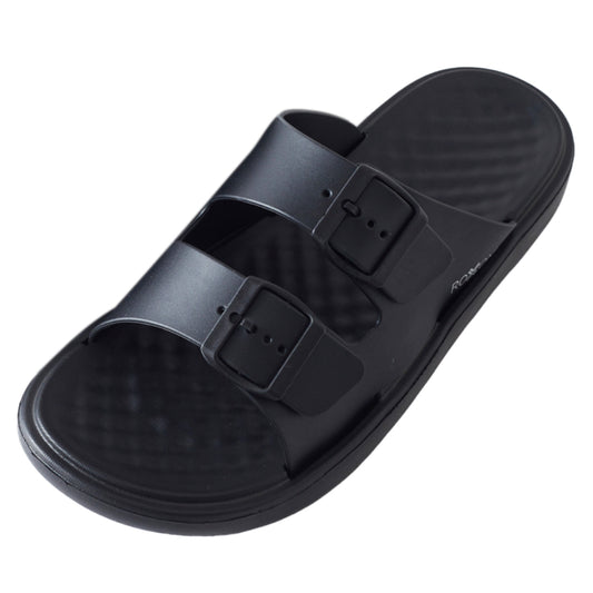 Roxoni Men’s Double Buckle Slide Sandals Lightweight Adjustable Comfort Slides Casual Indoor Outdoor Non Slip Slippers