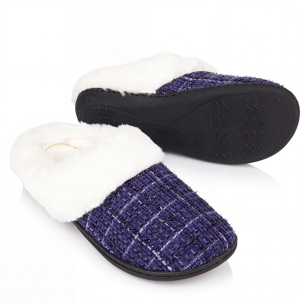 Roxoni Women’s Plaid Tweed Clog Slippers – Memory Foam House Shoes with Faux Fur Collar & Gift Box for Christmas & Holiday Gifts