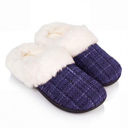 Roxoni Women’s Plaid Tweed Clog Slippers – Memory Foam House Shoes with Faux Fur Collar & Gift Box for Christmas & Holiday Gifts