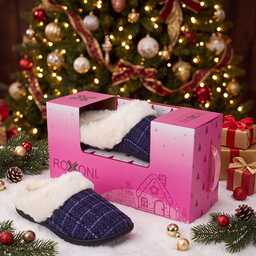Roxoni Women’s Plaid Tweed Clog Slippers – Memory Foam House Shoes with Faux Fur Collar & Gift Box for Christmas & Holiday Gifts