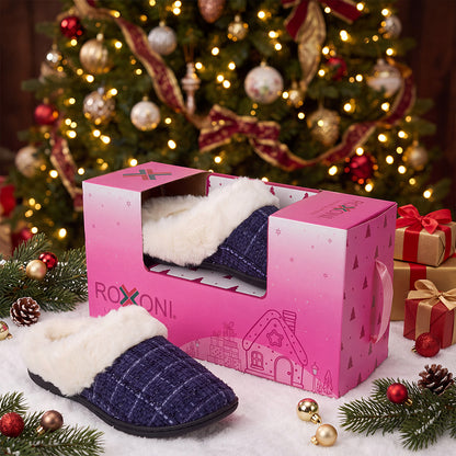 Roxoni Women’s Plaid Tweed Clog Slippers – Memory Foam House Shoes with Faux Fur Collar & Gift Box for Christmas & Holiday Gifts