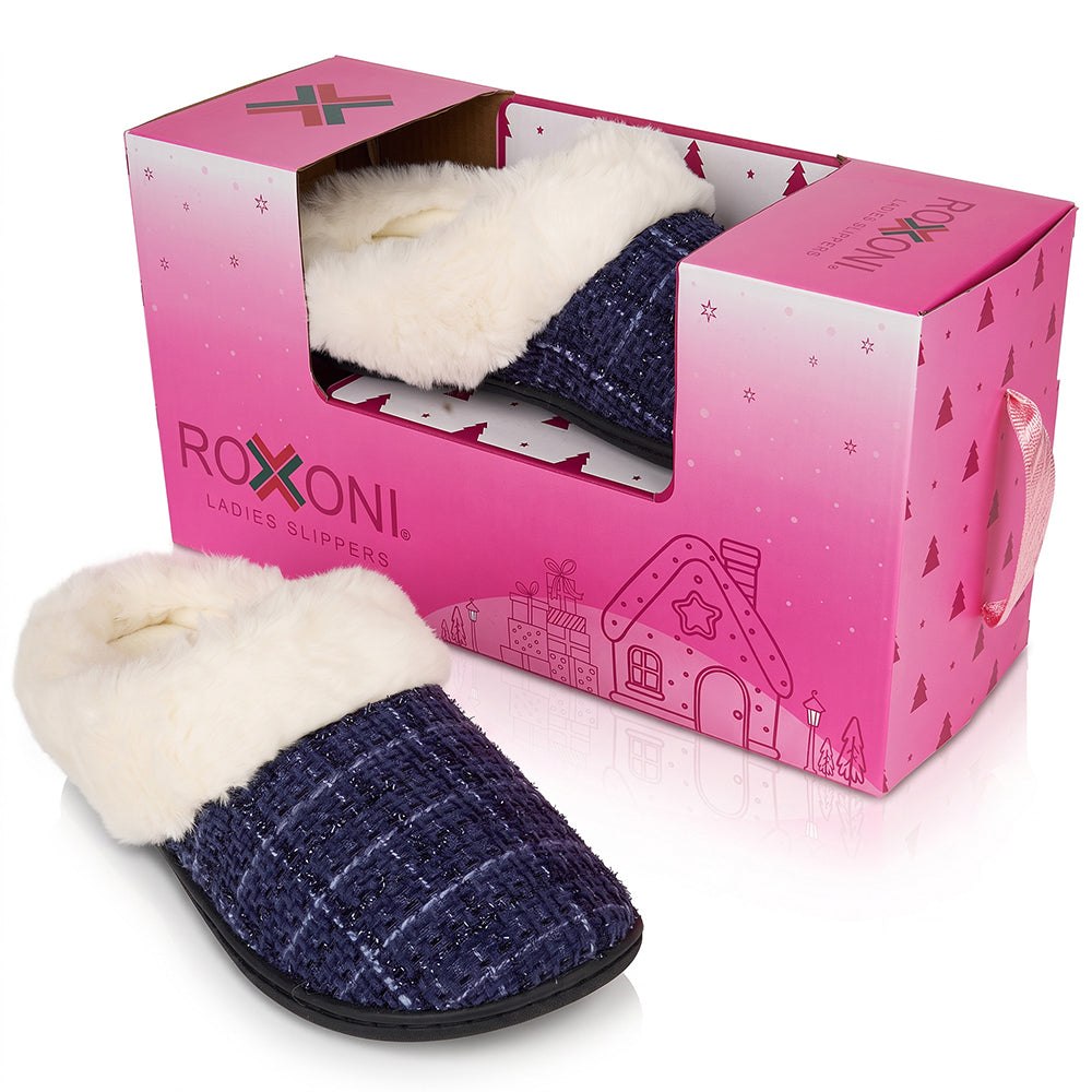 Roxoni Women’s Plaid Tweed Clog Slippers – Memory Foam House Shoes with Faux Fur Collar & Gift Box for Christmas & Holiday Gifts