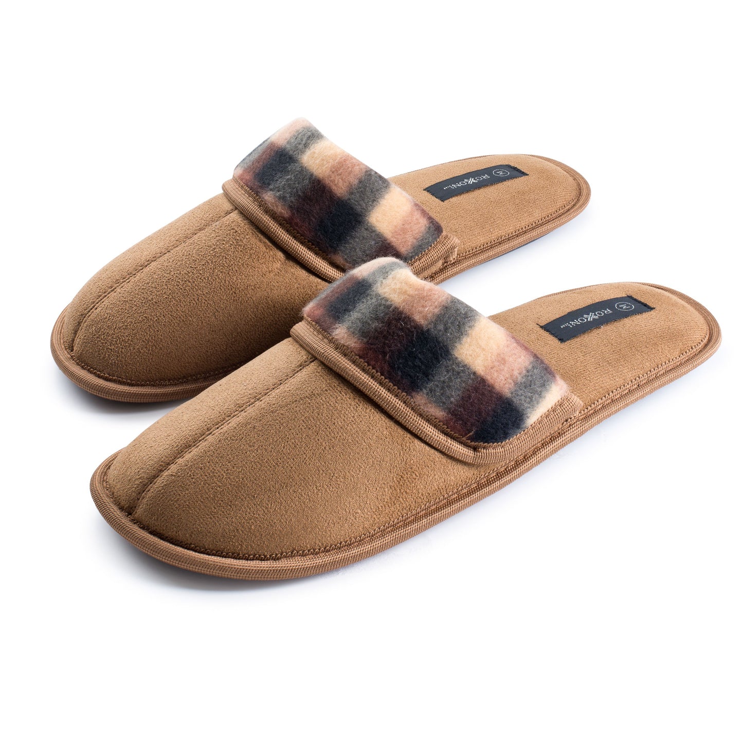 Roxoni Men's Soft Slipper With Plaid Trim Outdoor/Indoor