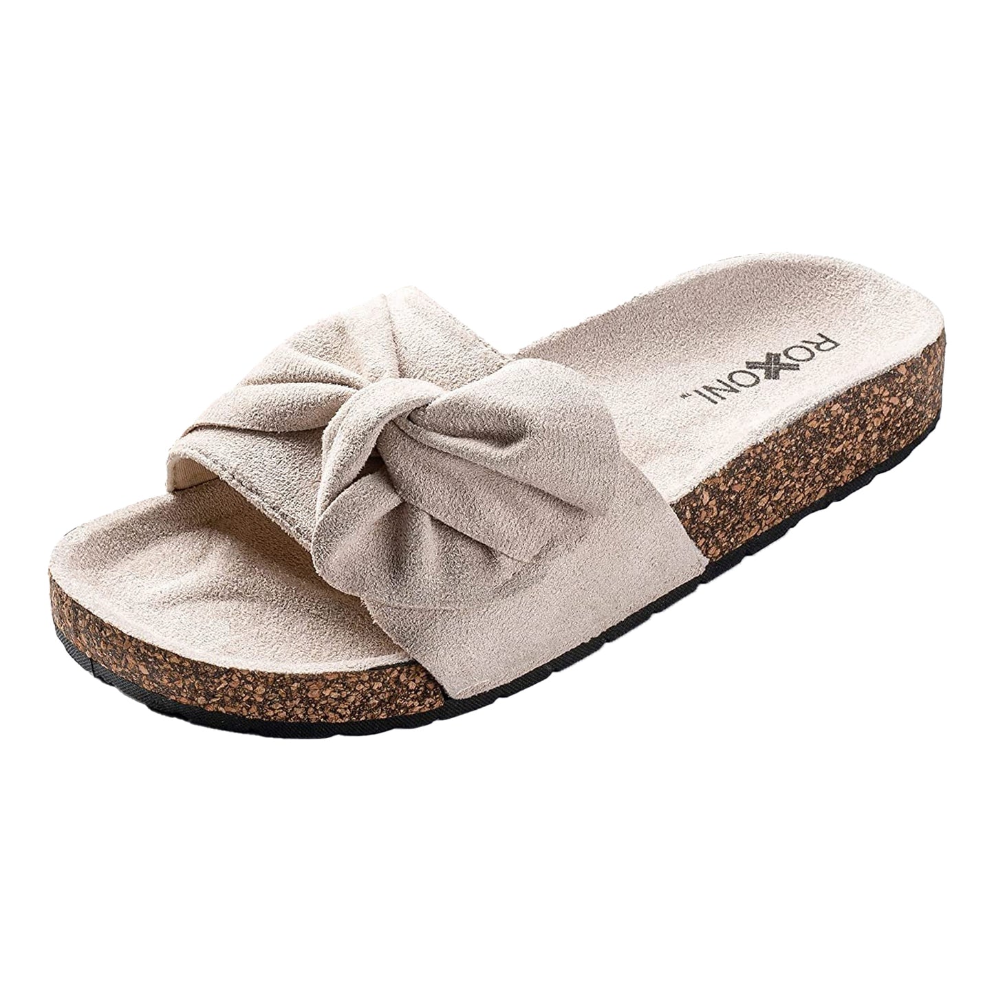 Roxoni Women Sandal Ribbon Bow Top EVA Flat Slide Footbed Suede with Arch Support Non-Slip