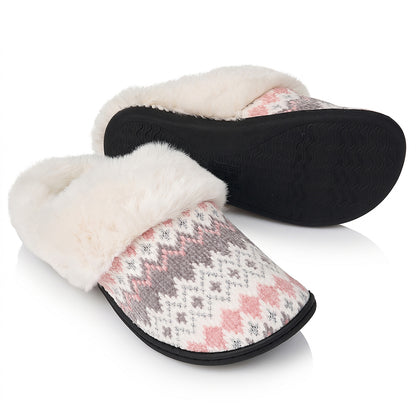 Roxoni Women’s Fair Isle Knit Clog Slippers, Cozy Plush Faux Fur Collar Cushion House Shoes