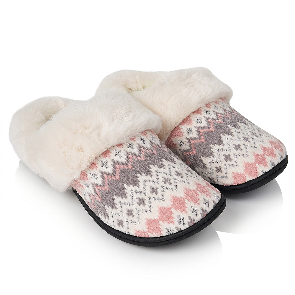 Roxoni Women’s Fair Isle Knit Clog Slippers, Cozy Plush Faux Fur Collar Cushion House Shoes