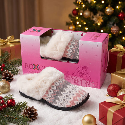 Roxoni Women’s Fair Isle Knit Clog Slippers, Cozy Plush Faux Fur Collar Cushion House Shoes