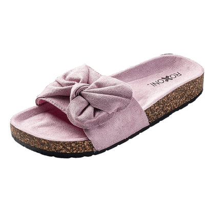 Roxoni Women Sandal Ribbon Bow Top EVA Flat Slide Footbed Suede with Arch Support Non-Slip