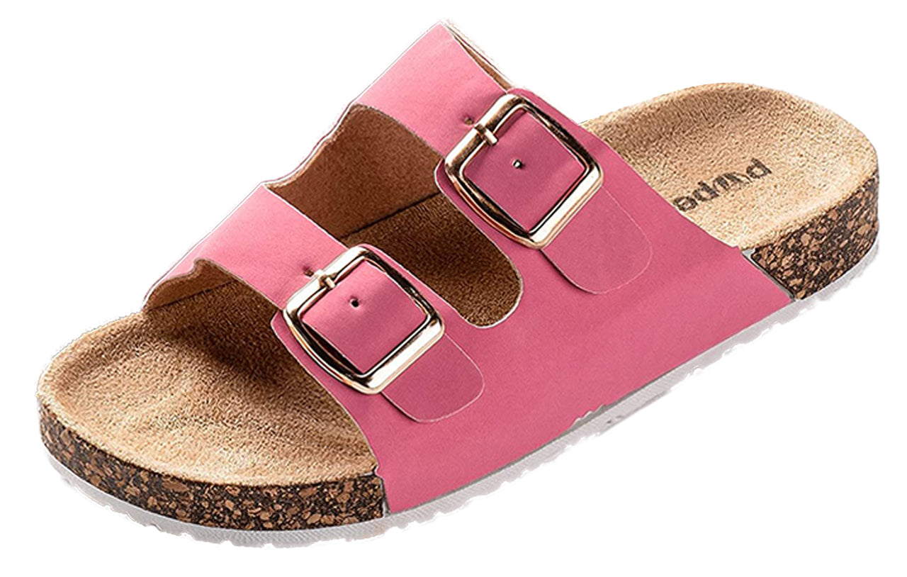ROXONI Girls Comfort Sandals Double Buckle Adjustable Slip on Summer Slides Soft Footbed EVA Flat Slides Footbed Suede with Arch Support Non-Slip
