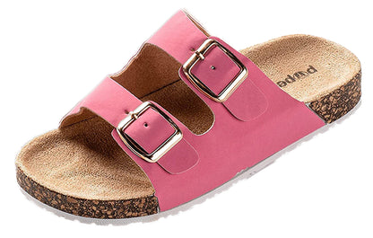 ROXONI Girls Comfort Sandals Double Buckle Adjustable Slip on Summer Slides Soft Footbed EVA Flat Slides Footbed Suede with Arch Support Non-Slip