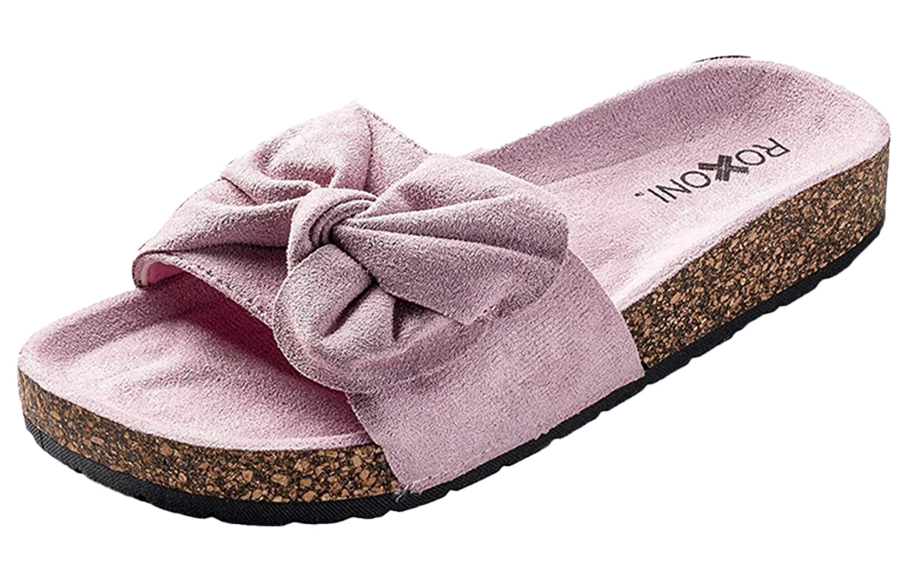 Roxoni Women Sandal Ribbon Bow Top EVA Flat Slide Footbed Suede with Arch Support Non-Slip