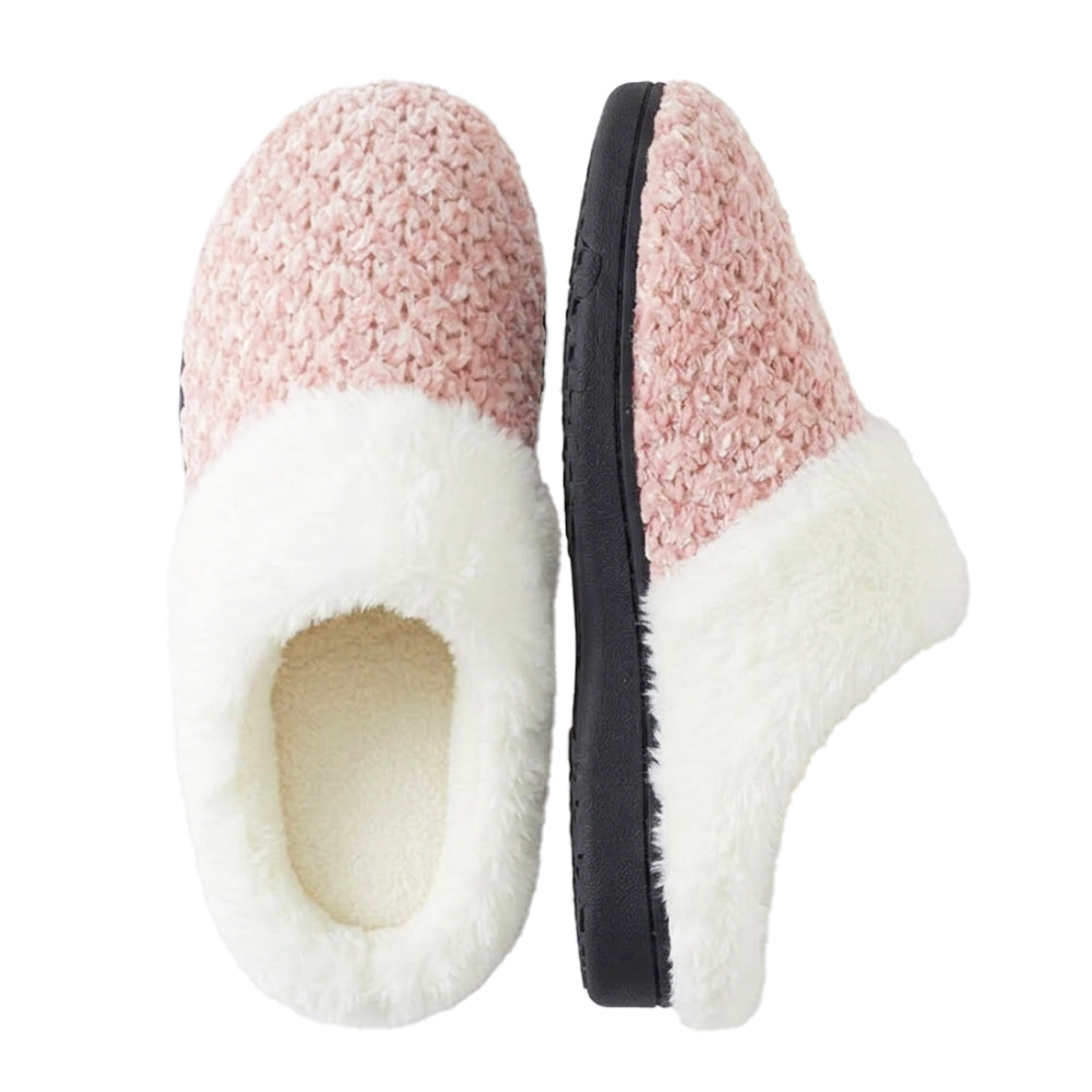 Women's Knit Memory Foam Clog Slippers – Plush Faux Fur Collar Indoor/Outdoor House Shoes