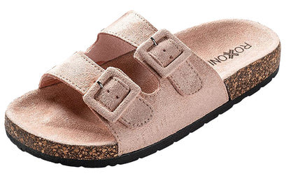 Roxoni Women Comfort Sandals Double Buckle Adjustable EVA Flat Slides Footbed Suede