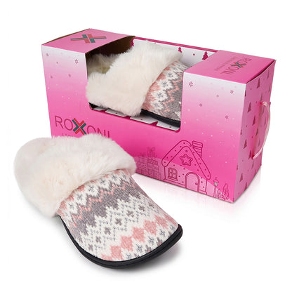 Roxoni Women’s Fair Isle Knit Clog Slippers, Cozy Plush Faux Fur Collar Cushion House Shoes
