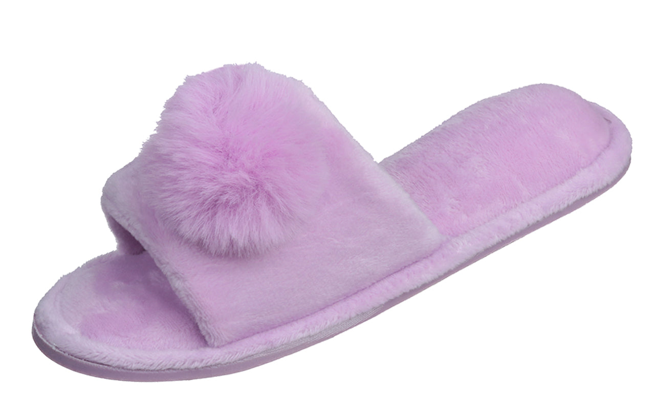 Pupeez Girl's Lovely Velvet Pom-pom Open Toe Kids House Slides Slipper