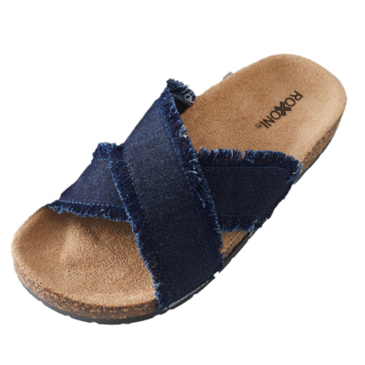 Roxoni Women’s Cross Strap Slide Sandals Denim Open Toe Comfort Slippers Cork Footbed Casual Summer Indoor Outdoor Footwear