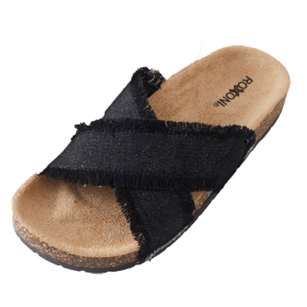 Roxoni Women’s Cross Strap Slide Sandals Denim Open Toe Comfort Slippers Cork Footbed Casual Summer Indoor Outdoor Footwear