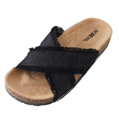Roxoni Women’s Cross Strap Slide Sandals Denim Open Toe Comfort Slippers Cork Footbed Casual Summer Indoor Outdoor Footwear