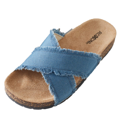 Roxoni Women’s Cross Strap Slide Sandals Denim Open Toe Comfort Slippers Cork Footbed Casual Summer Indoor Outdoor Footwear