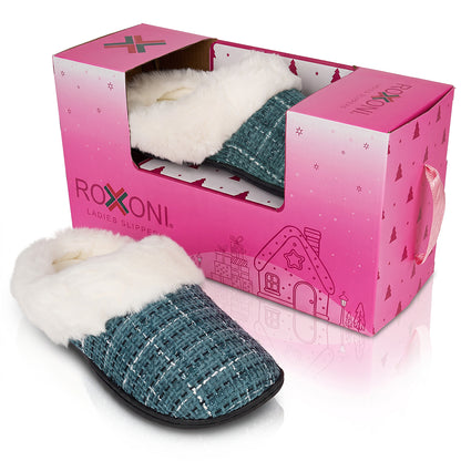 Roxoni Women’s Plaid Tweed Clog Slippers – Memory Foam House Shoes with Faux Fur Collar & Gift Box for Christmas & Holiday Gifts