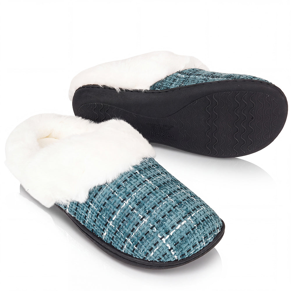 Roxoni Women’s Plaid Tweed Clog Slippers – Memory Foam House Shoes with Faux Fur Collar & Gift Box for Christmas & Holiday Gifts