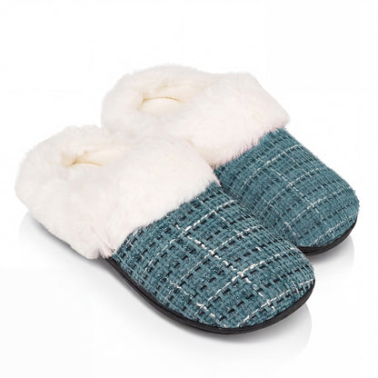 Roxoni Women’s Plaid Tweed Clog Slippers – Memory Foam House Shoes with Faux Fur Collar & Gift Box for Christmas & Holiday Gifts