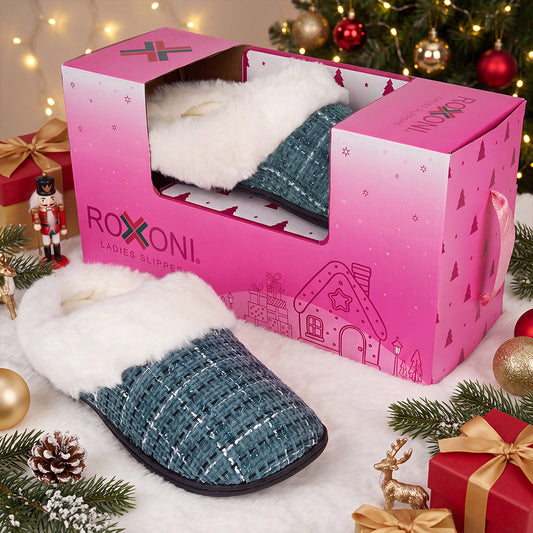 Roxoni Women’s Plaid Tweed Clog Slippers – Memory Foam House Shoes with Faux Fur Collar & Gift Box for Christmas & Holiday Gifts