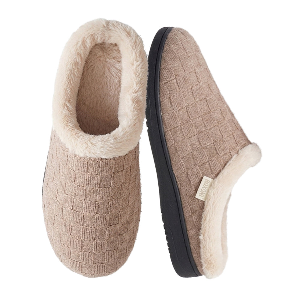 Roxoni Women’s Woven Knit Fleece Clog Slippers, Cozy Plush Faux Fur Lined Memory Foam House Shoes
